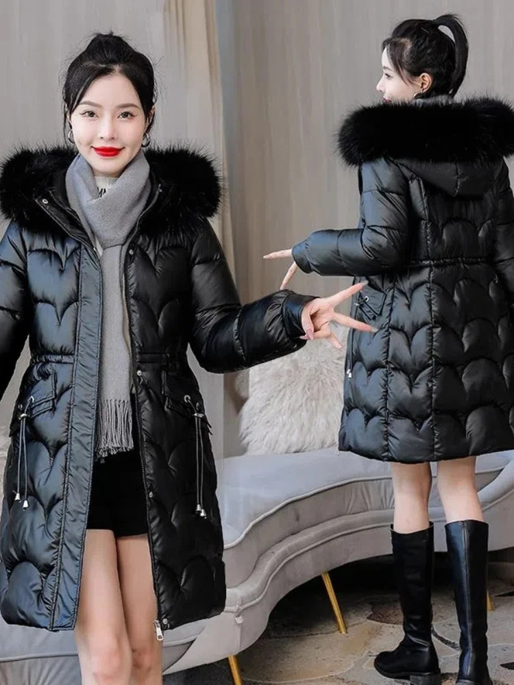 2023 New Winter Jacket Long Coats Women Parkas Fur Collar Hooded Glossy Down Cotton Jacket Warm Casual Cotton Padded Parka Coat