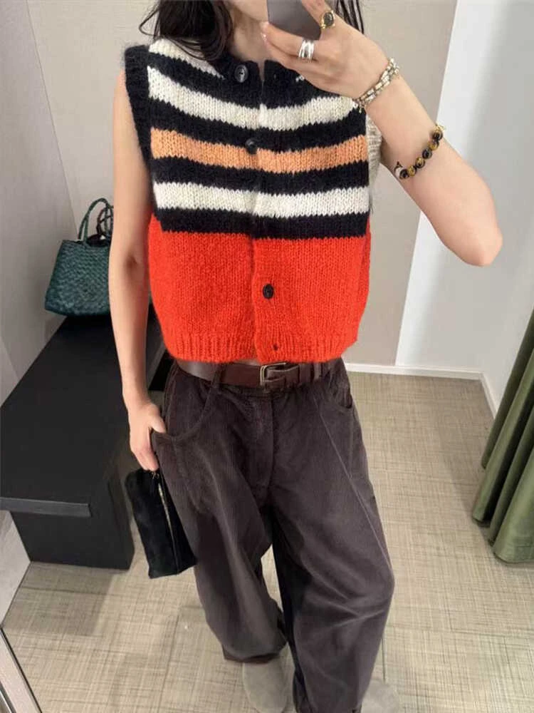 

Wool-blend Mohair Striped Color Contrast Vest 2024 Women Knit Top Niche Design Knitted Outfit Chic Sweater