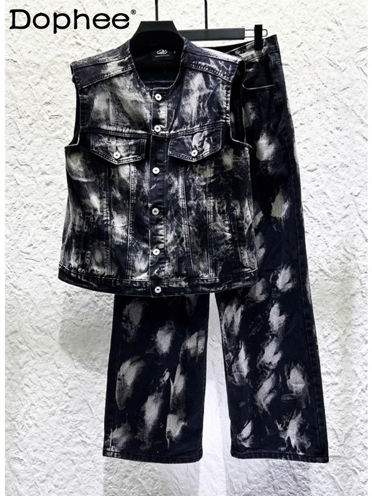 

American Style Trendy Graffiti Denim Vests Sets Men's 2025 Summer New Loose Fashion Versatile Sleeveless Jackets Straight Jeans