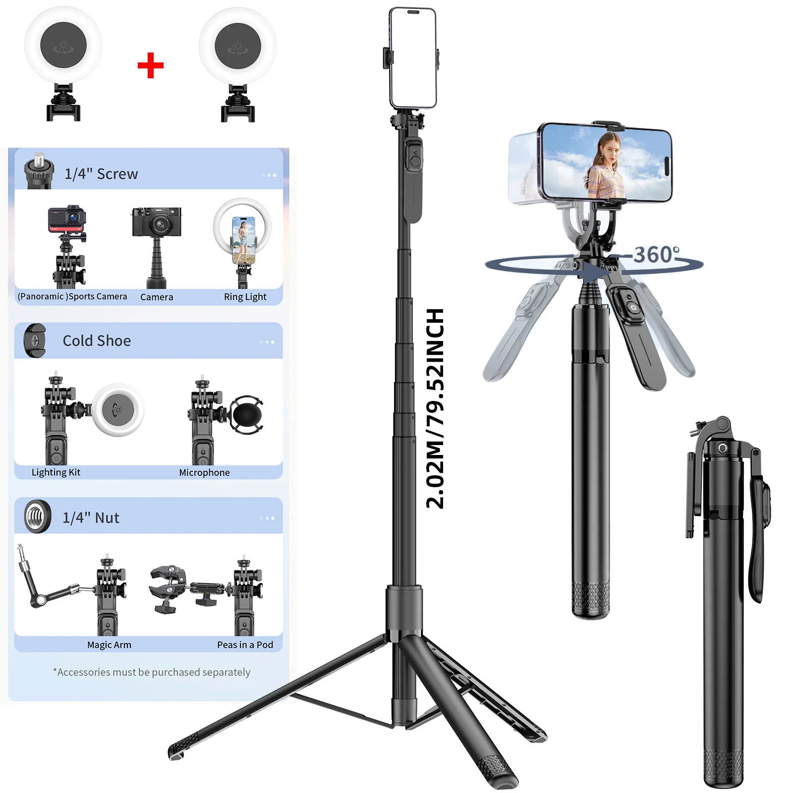 2020mm Selfie Stick Tripod Stand Wireless Selfie Stick Tripod with Remote with 1/4 Screw 1/4 Nut Portable Tripod for Phone Light