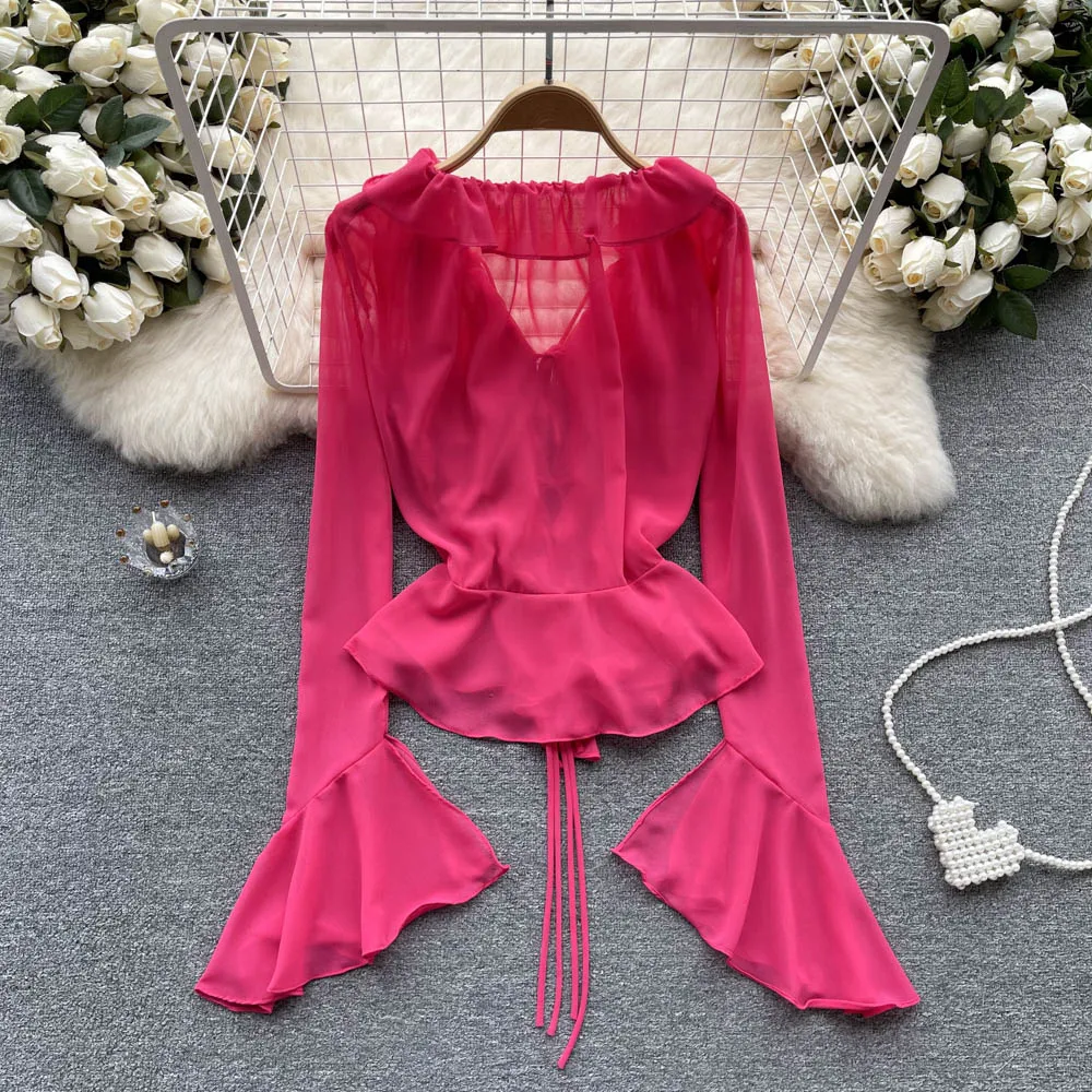 Chic Sweet Asymmetric Ruffle Flare Long Sleeve V Neck Blouse Slim Chiffon Elegant Korean Fashion Top Sexy Women Shirt