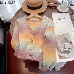 2024 New Autumn Winter Rainbow Gradient Mohair Sweater Coat Women Korean Fashion Chic V-Neck Long Sleeve Knitted Cardigan Jacket