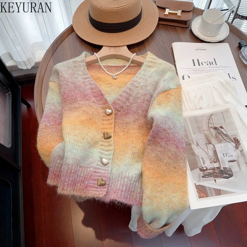 2024 New Autumn Winter Rainbow Gradient Mohair Sweater Coat Women Korean Fashion Chic V-Neck Long Sleeve Knitted Cardigan Jacket