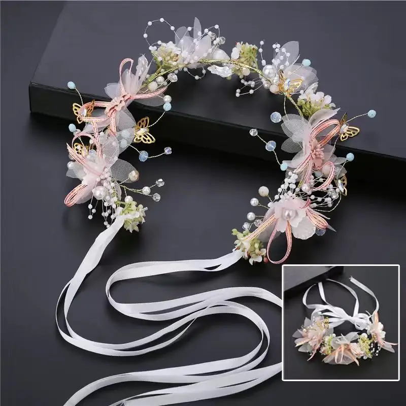 2 Pcs Children Flower Veil Headbands Bracelet Set Pearl Crystal Hair Hand Vines Butterfly Ribbon Wedding Gold Hair Accessories