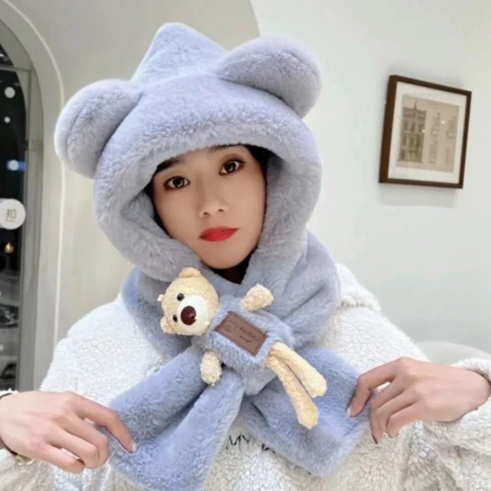

New Cute Bear Integrated Hat Scarf Set Warm Plush Neck Warmer Coldproof Windproof Hooded Hat Women