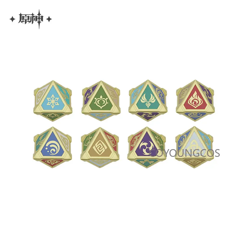 

Оригинальные кубики Genshin Impact Genius Invokation TCG: Элементальные октаэдрические кубики для карточных битв, аниме-игры, реквизит для косплея, подарок для фанатов