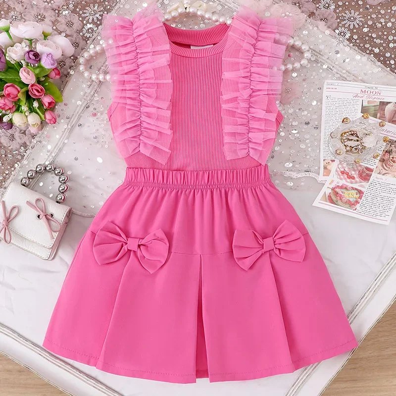 

2025 2Piece Sets Summer Children Clothes Girls Korean Fashion Bow Mesh Cotton Pink Baby Tops+Shorts Boutique Kids Clothing B130