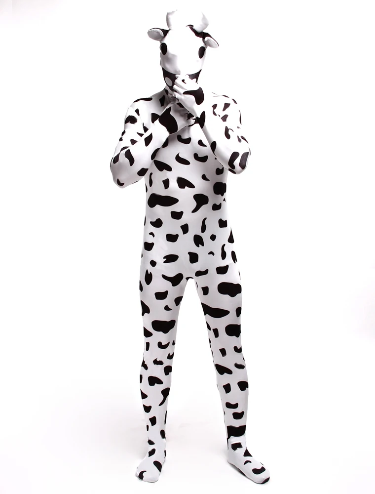 Cosplay Custome Tuta intera per bambino adulto Nero Bianco Mucca Ruolo Festa Danza Carnevale di Halloween Tuta attillata Cerniera in spandex