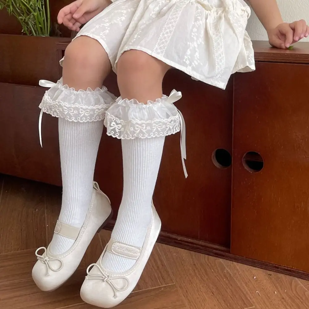 

Cute Solid Color Balletcore Lace Socks Mesh Ribbon Bow Mid-Tube Hosiery Korean Style Cloth Accessories Thin Stockings Kid