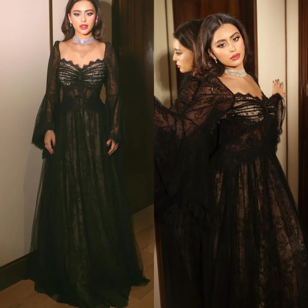 

Customized Simple Square Collar Cap Sleeve Long Sleeves Evening Dress High Quality Lace Prom Dresses Delicate Party Gowns