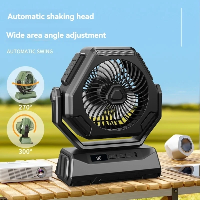 New 2024 Outdoor Camping Fan Rechargeable Ceiling Fan Head Shaking Fan Portable with 3 Gears Night Lighting LED Display Screen