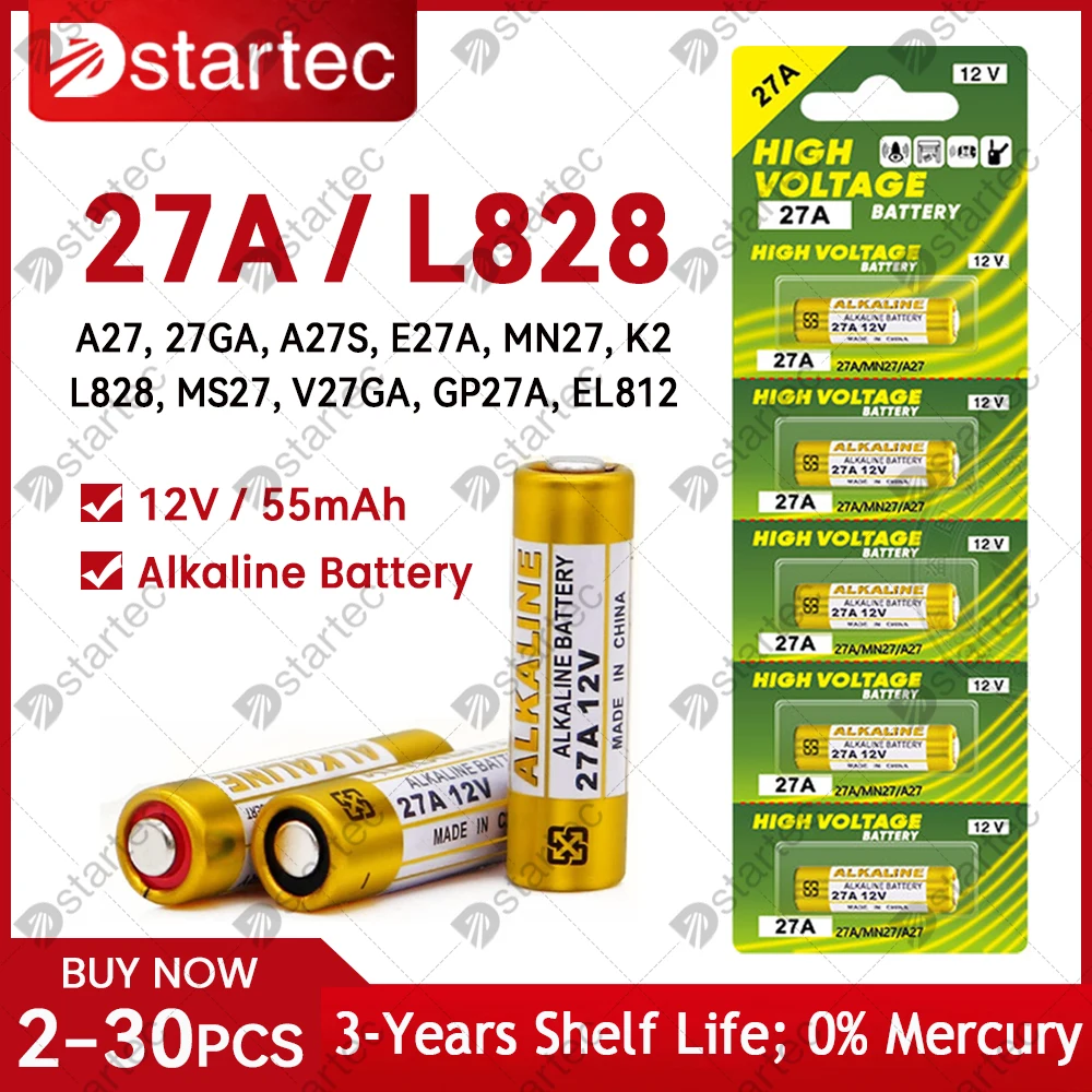 

Eunicell NEW 50mAh 12V L828 27A Alkaline Battery G27A MN27 MS27 GP27A A27 V27GA A27BP K27A VR27 for Doorbells Alarm Power Remote