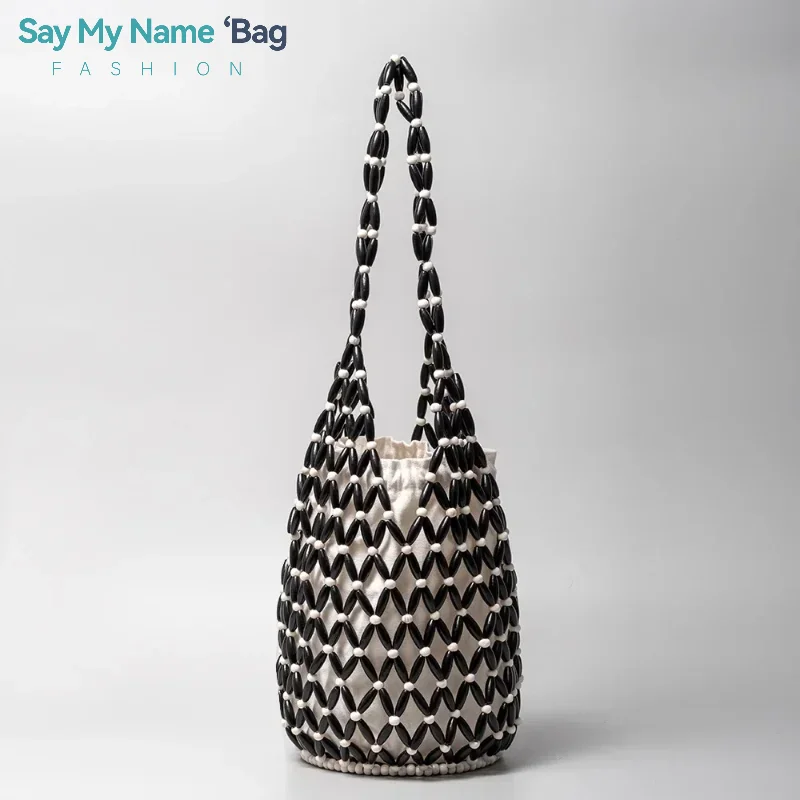 

Women Woven Hand Bag Exquisite Design Hollow-out Wooden Bead Tote Bucket Shoulder Bag Female Summer Beach Handbag
