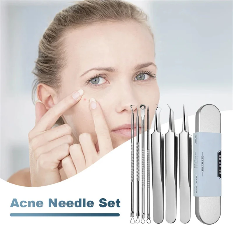 7 Stuks Comedondrukker Tool Kit Rvs Comedonen Extractor Puistje Acne Clip Removal Kit Neus Gezicht Pincet Gereedschap
