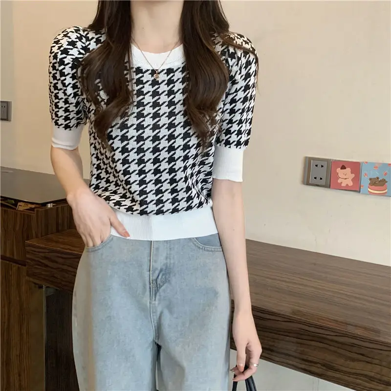 Summer New Round Neck Striped Houndstooth Knitting Tee Women Casual Fashion All-match Waist Pullover Top Female Vintage T-shirt