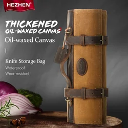 HEZHEN Knife Roll Bag Oil Wax Canvas Crazy Horse Leather Kitchen Accessories Kitchenware Chef's Knife Bag