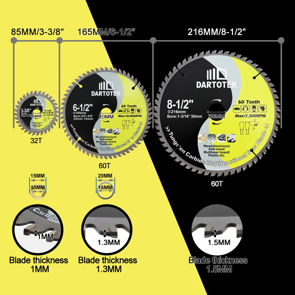 DARTOTEK 1Pc Dia 85/165/216mm TCT disco da taglio in lega dura lama per sega circolare per il taglio del legno alluminio rame metallo disco taglierina