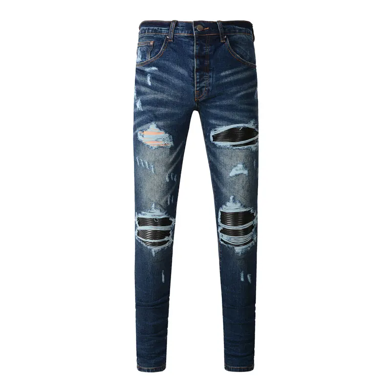 Y2KNew Men's High Quality Jeans Anti Wrinkle Wash Nostalgic Perforation Black Leather Patch Deep Blue Jeans Hip Hop Brand Splici