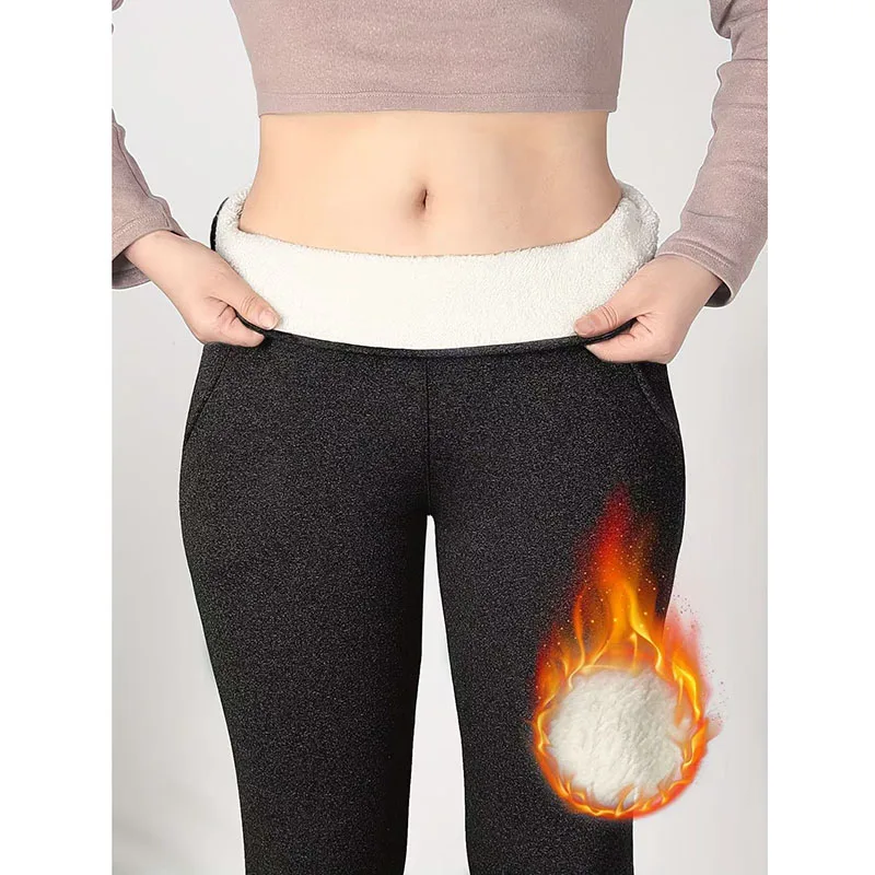 الداخلية تقليد الحملان الكشمير طماق النساء الشتاء سميكة الدافئة زائد المخملية مع جيوب الجوارب عالية الخصر سليم تمتد يغطي الرجل #6