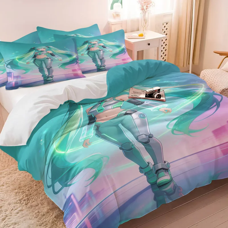 初音ミク未来的なテックスーツ布団カバーセットアニメsf寝具枕カバー付きゲームルームティーンズベッドルーム装飾ギフト