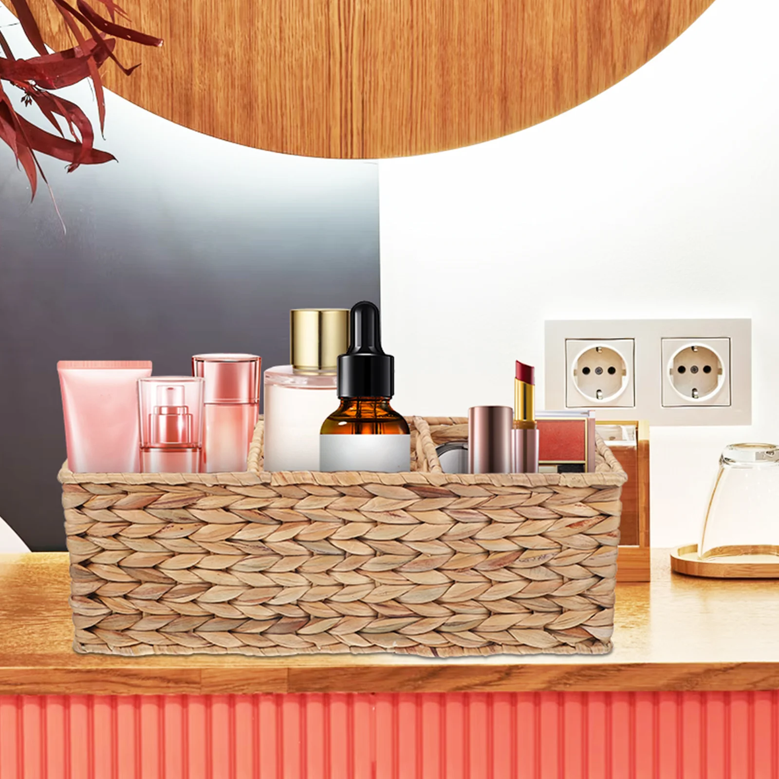 

Divided Woven Storage Basket Rustic Style Desktop Basket Organizer for Sundries Snacks Food Decorative Organizer