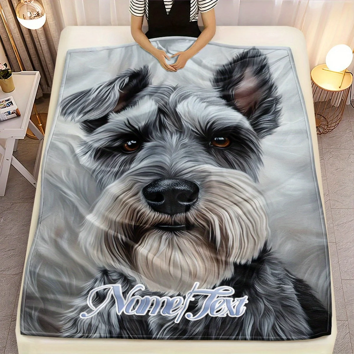 1pc Customizable Schnauzer Face Throw Blanket - Lightweight Flannel, Soft & Warm, Personalized Name Option, Ideal for Bed, Couch