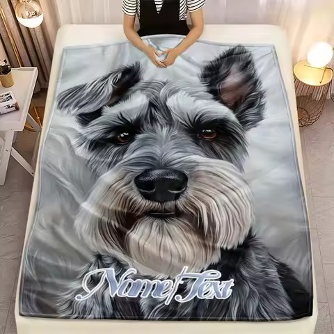 1pc Customizable Schnauzer Face Throw Blanket - Lightweight Flannel, Soft &amp; Warm, Personalized Name Option, Ideal for Bed, Couch