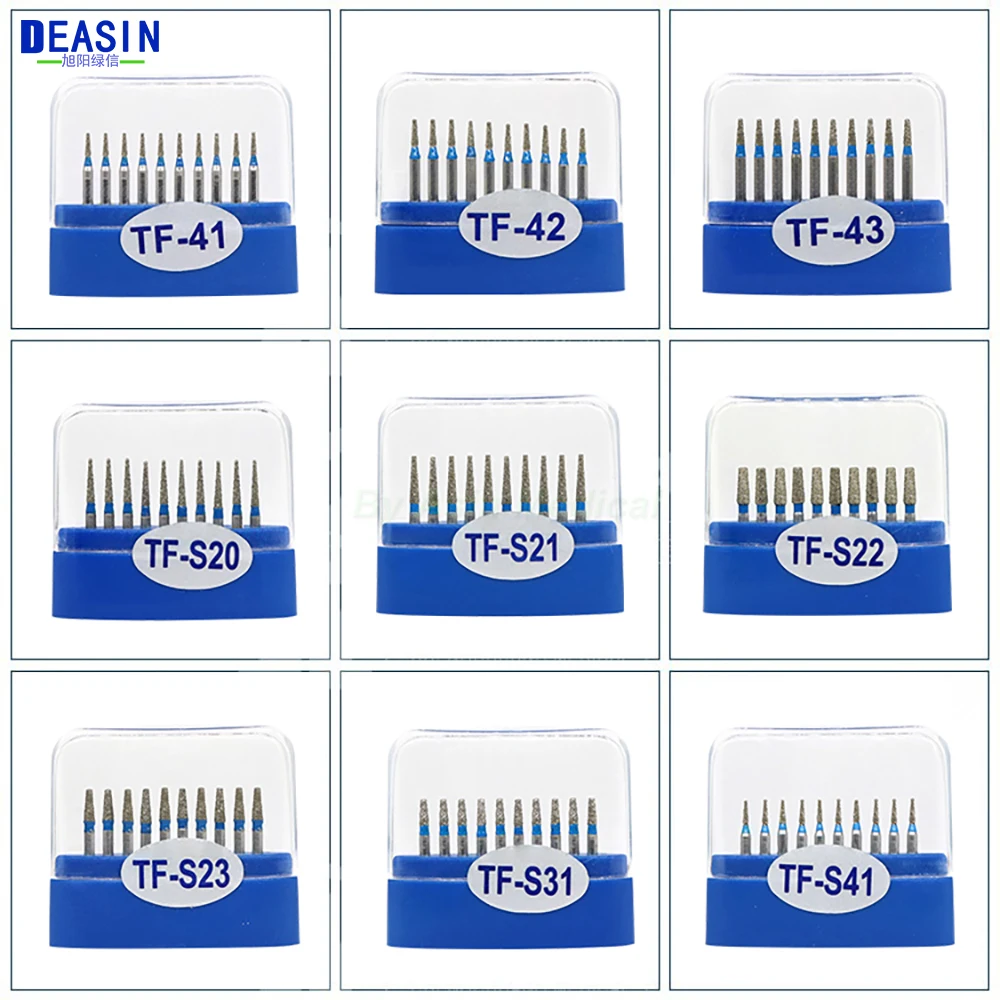 10pcs/box Dental Diamond Burs TF Series FG 1.6mm For handpiece Ceramics Composite Polishing Repair Kit Dentist Equipment