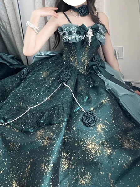 Dophee Lolita Flower Wedding Evening Party Dress Women Green Suspender Long Dress Elegant Sexy Off Shoulder Lady Banquet Dress