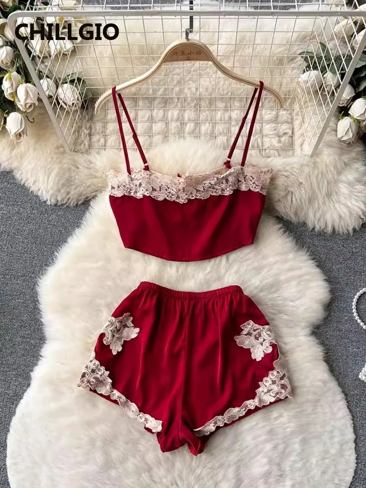 CHILLGIO Women Pajamas Suits Summer Sexy Floral Lace Patchwork Camisole Split Shorts Vintage Fashion Two Pieces Ice Silk Sets