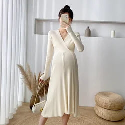 Across V Neck Knitted Maternity Sweaters Dress Elegant A Line Slim Clothes for Pregnant Women Autumn Winter Pregnancy Daily Wear