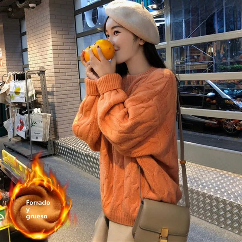 

Женский свитер свободного кроя в корейском стиле, с круглым вырезом, вязаный, осенне-зимняя новинка, базовый слой с узором «косы»