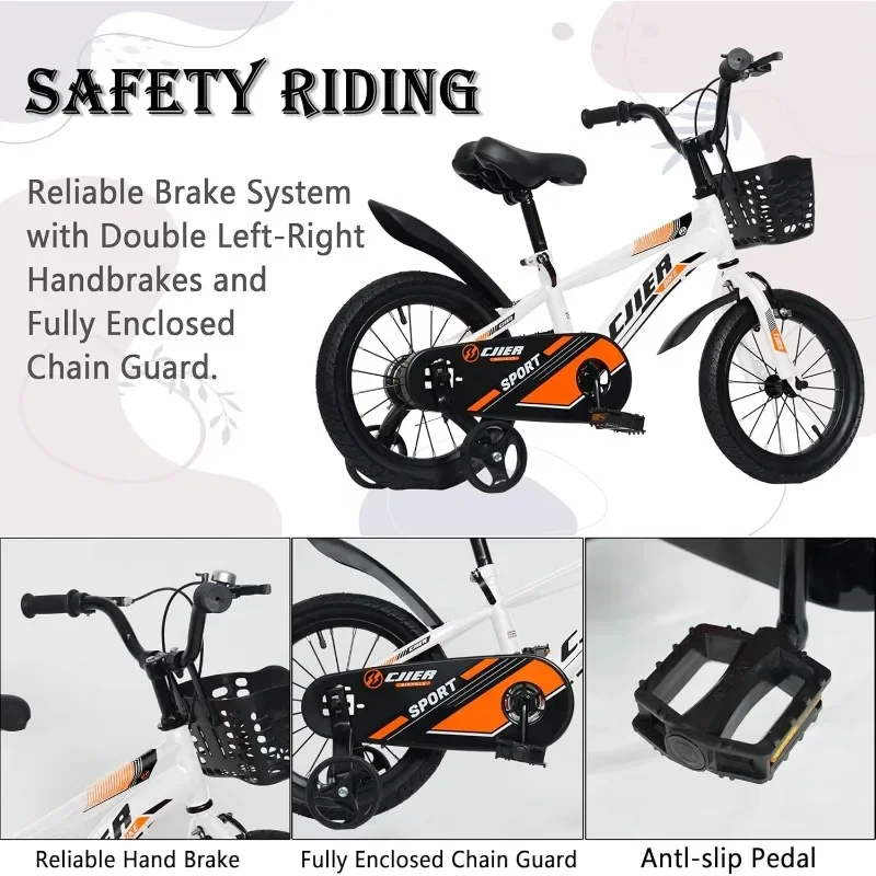 Bicicleta infantil de 14 polegadas com rodas de treinamento/suporte para idades de 3 a 12 anos, bicicleta esportiva, opção de cores múltiplas