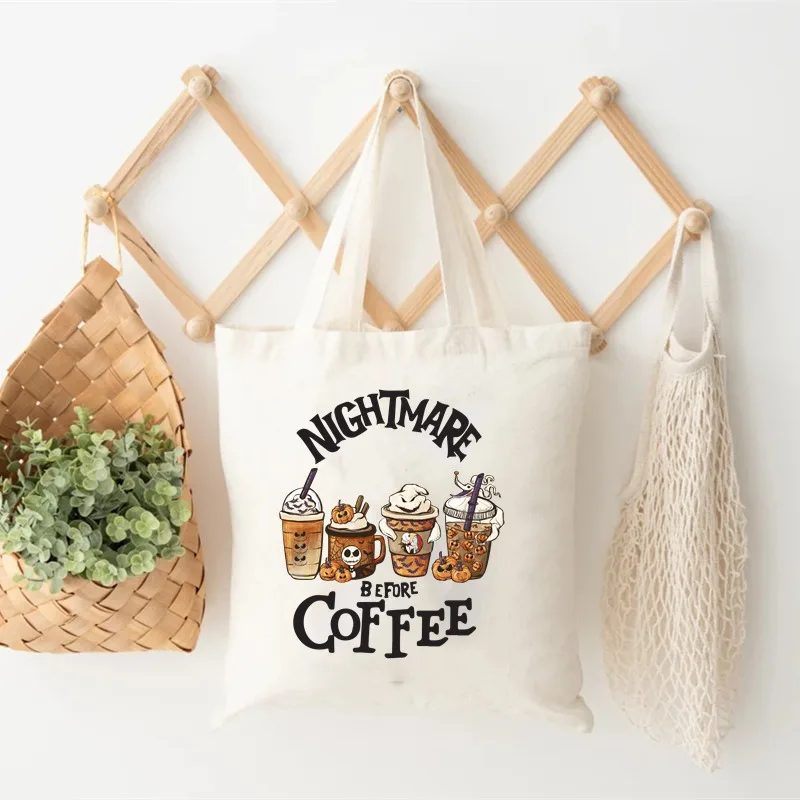 아이들이 냄새내린다 만화 컵 패턴 토트백 캔버스 숄더백 여행용 일상 통근용 여성용 재사용 쇼핑백 귀여운