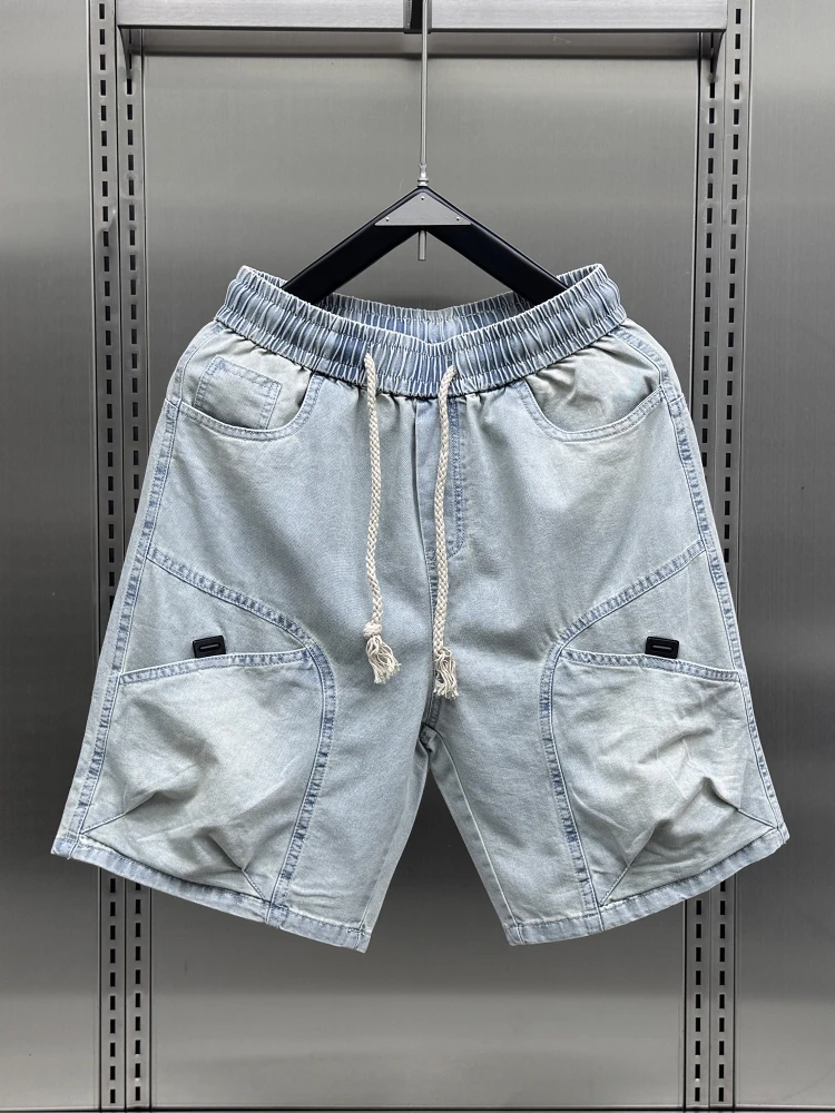 

Летние тонкие синие джинсовые брюки с талией, мужские повседневные прямые брюки для спецодежды, дышащие легкие корейские американские брюки...