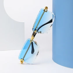 Rimless cutaway square rimmed sunglasses Metal twist mirror legs glasses Summer color street shot sunglasses