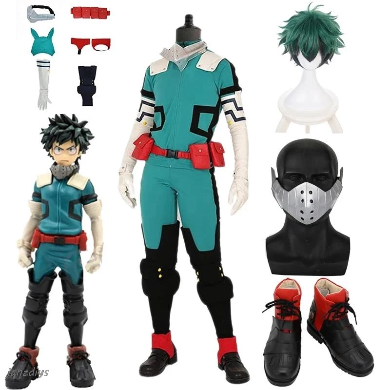 Midoriya Izuku Deku Battle Costume Cosplay Anime My Hero Academia Stivali Cosplay Scarpe Parrucca Tuta unisex Set per Halloween