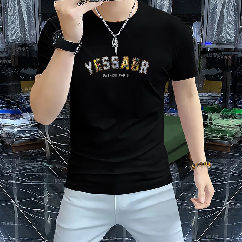 Men's Short Sleeved T-shirt Round Neck Slim Fit Silk Cotton Male Tees Summer light Luxury Pullover Tops Solid Man Clothing 5xl