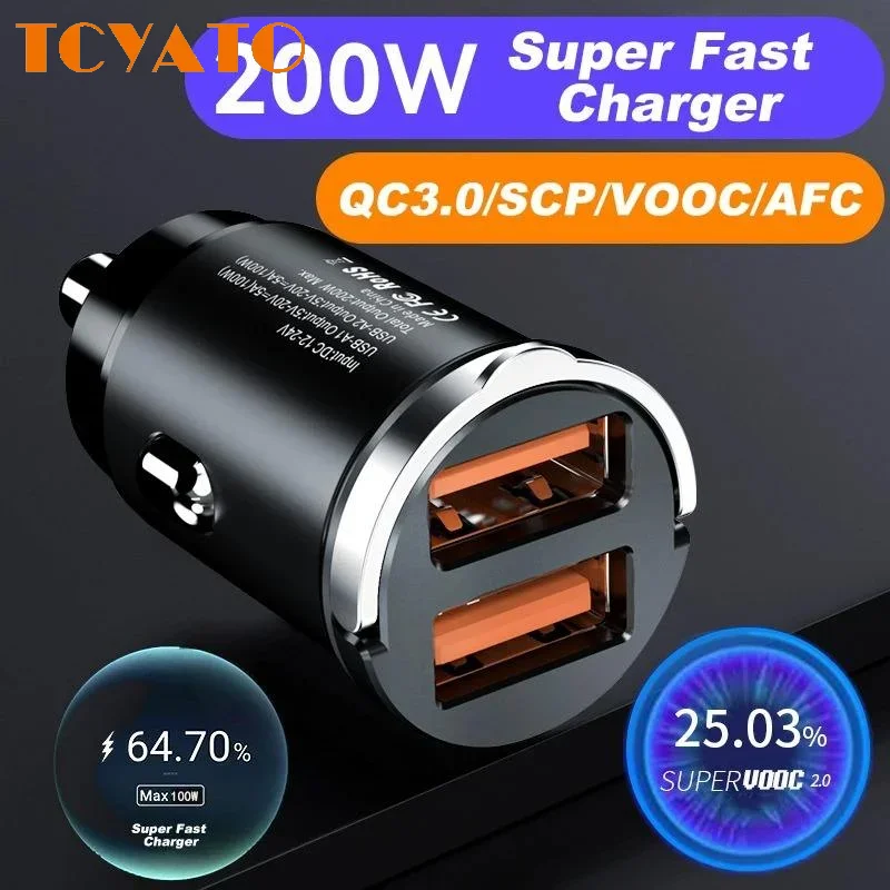 TCYATO 200W Metalllegierung Mini-Autoladegerät Auto-USB-Ladegerät Superschnelles Laden Dual-Ports USB-A USB-C Verstecktes Telefonladegerät-Adapter