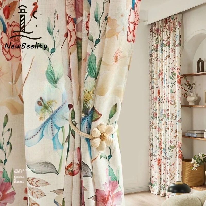Spring Early Print American Pastoral Countryside Semi-Blackout Curtains for Living Dining Room Bedroom Modern Decoration Drapes