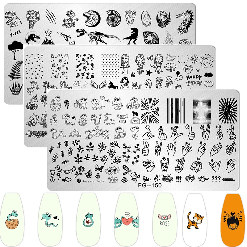 Cartoon Animals Nail Art Stamping Plates Leaves Flower Snake Horse Geometric Stripe Line Artist Image Stencil Mold Printing Tool