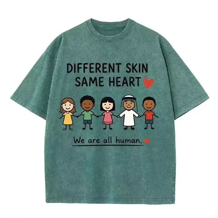Different Skin Same Heart Print Washed Vintage T Shirt Unisex Oversized Short Sleeve Crew Neck Equality Human Rights Casual Tee