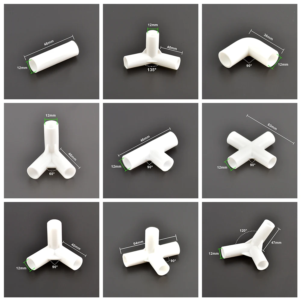 12Pcs Inner Diameter 12mm Straight Elbow 4-Way Tee Connector 60 90 120 135 Degree PVC Connector, Wardrobe Tent Fitting Adapter