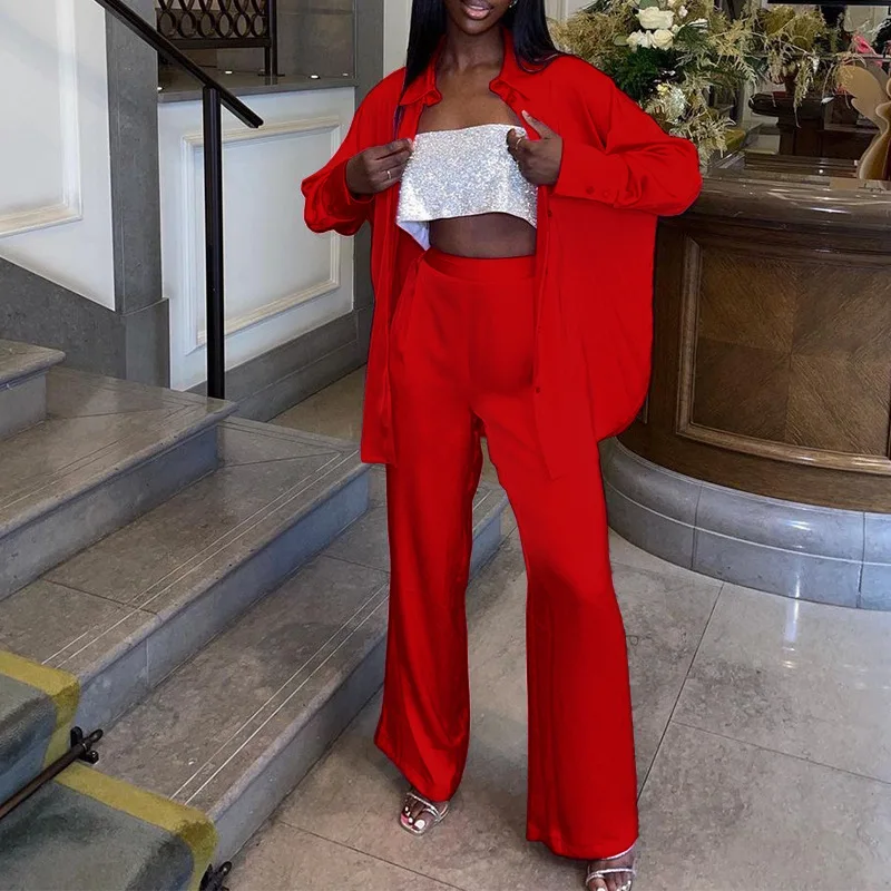 طقم سراويل نسائية واسعة الساق من الساتان ، أكمام مكشوفة الكتفين ، ملابس غير رسمية ، ملابس فضفاضة ، جديد ، الربيع ، 2 ،