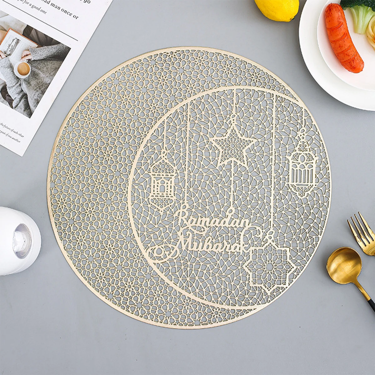 EID Mubarak Round  Hollow-out Placemat Ramadan Kareem Tableware Ramadan Home Table Dining Party Decor Muslim Islamic Table Decor