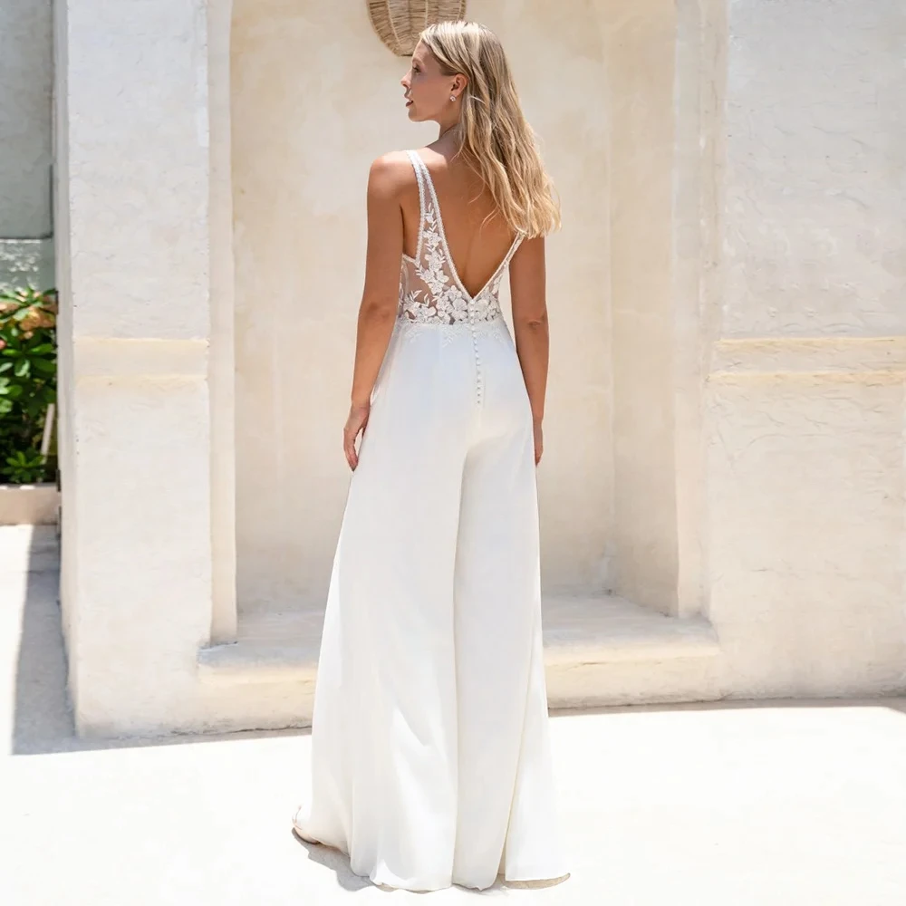 Beach Wedding Jumpsuit Pants For Women Boho Sleeveless V-neck Open Back White lace Robe De Mariage Customized vestido de novia