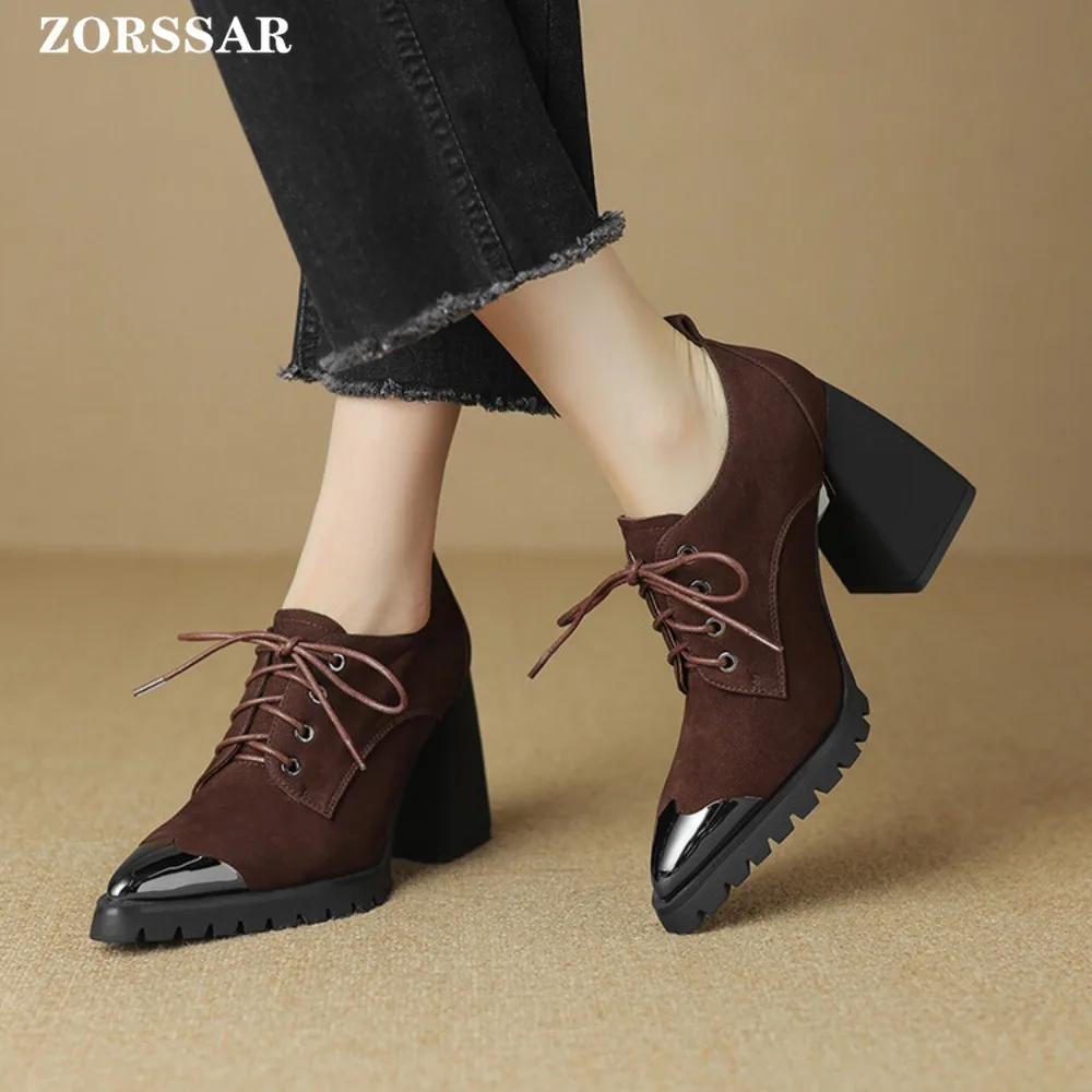 

2024 Spring Suede Shoes Women Heels Lace-Up Ladies Chunky Heels Derby Shoes Pointed Toe Lace-up Heels Women Shoes For Women