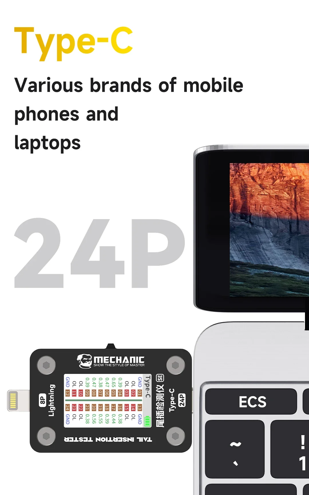 Mechanic T-824 SE Tail Insertion Tester No Disassembly High Precision Digital Display Current Power Check Type-C Lightning