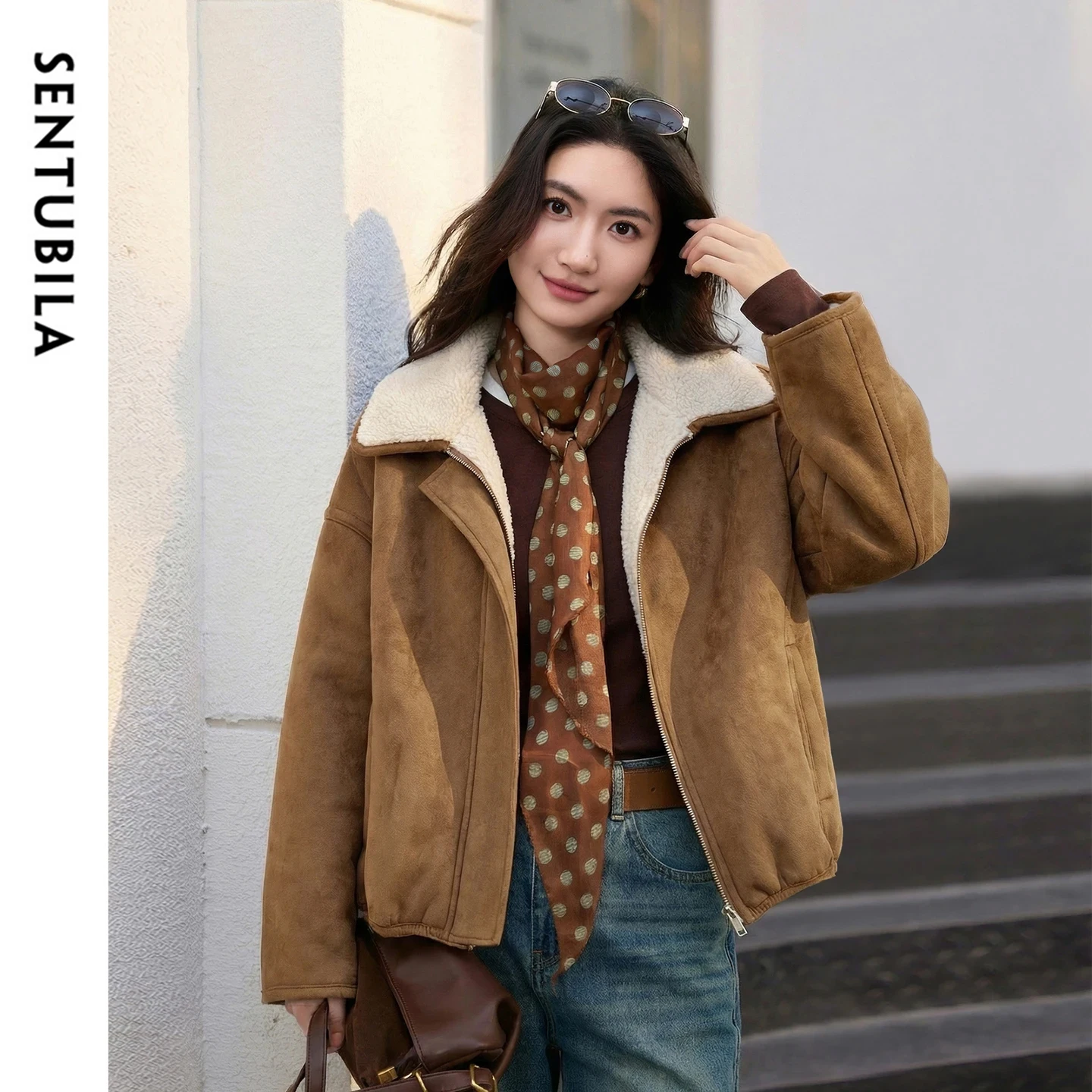 SENTUBILA Fleece Lined Faux Leather Jacket Women 2026 Winter Warm Coat Contrast Collar Outerwears Ladies Clothes W64PD6530