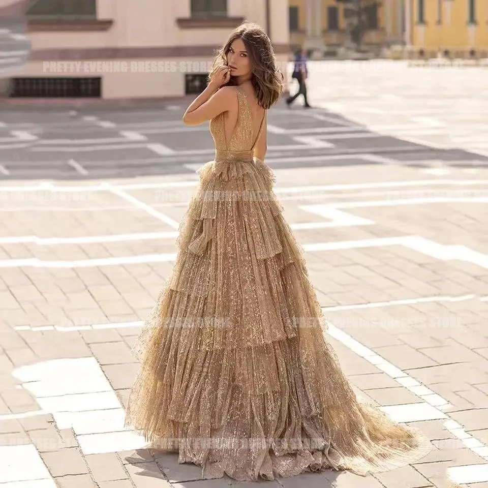 Vintage Elegante Avondjurken Voor Vrouwen Gelaagd Een Lijn Sexy Illusie V-Hals Backless Formele Feest Prom Gewaden De Soirée